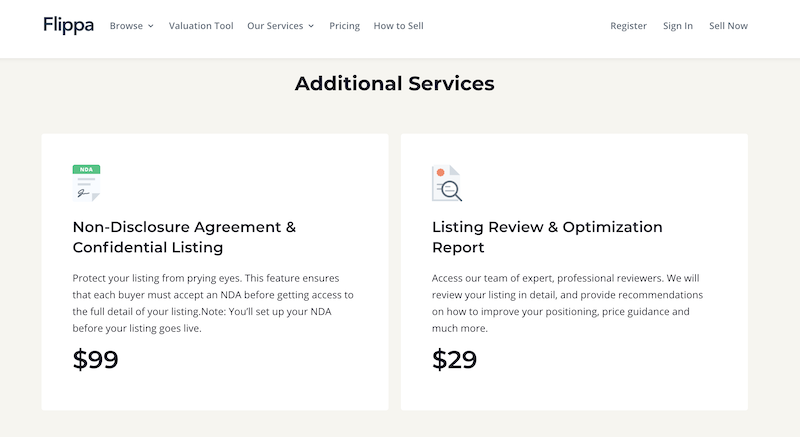 Flippa pricing additional services