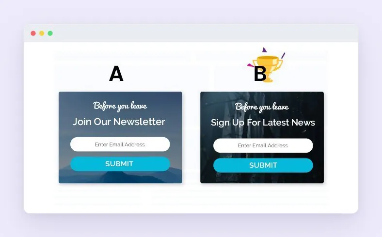 Convert Pro A/B test comparing two exit-intent newsletter opt-in designs, with version B marked as the winner.