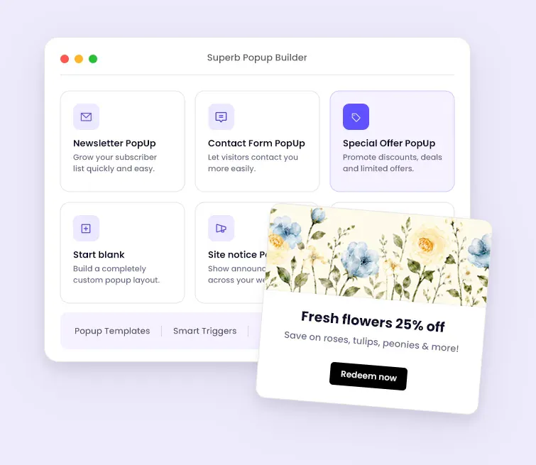 Superb Addons popup builder with newsletter, contact form, special offer, and site notice popup templates.
