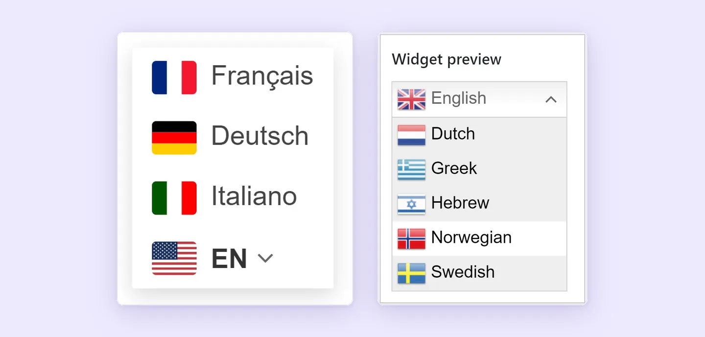 Two styles of the free GTranslate language switcher widget: a floating language list and a dropdown with flags.