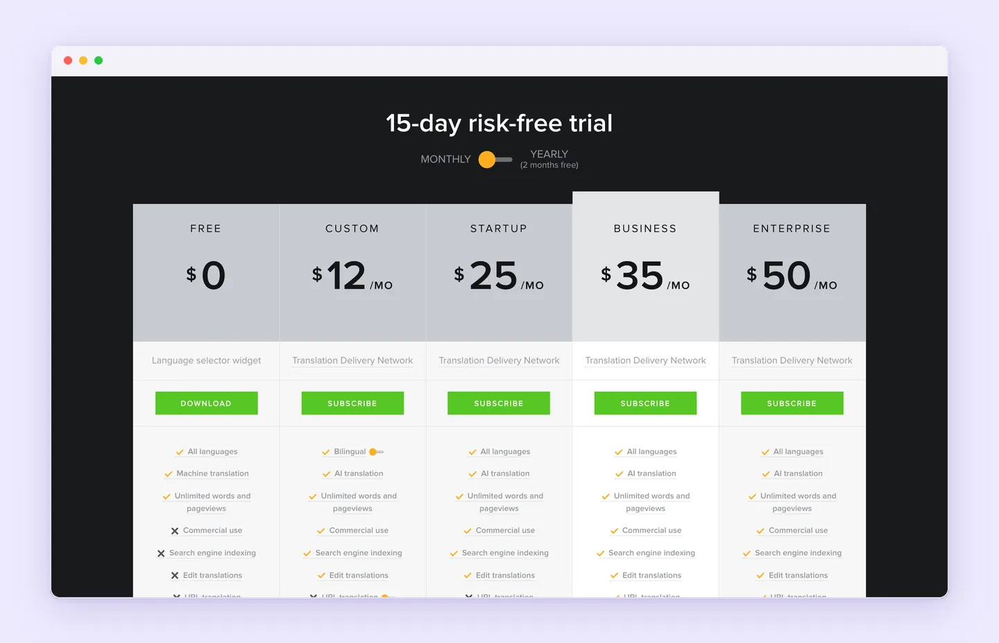 GTranslate pricing with Free, Custom, Startup, Business and Enterprise plans and a 15-day trial.