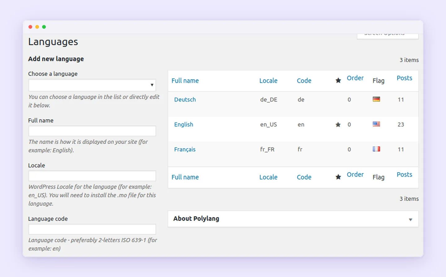Polylang languages screen for adding a language, with a list of languages, their locale, code and flag.