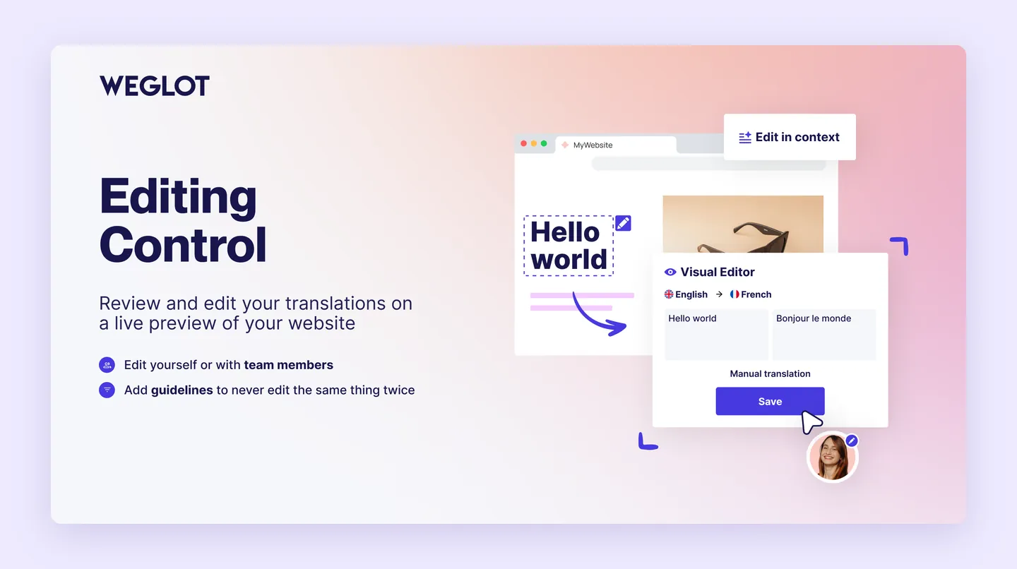 Weglot's visual editor for reviewing and editing translations on a live preview of the website.