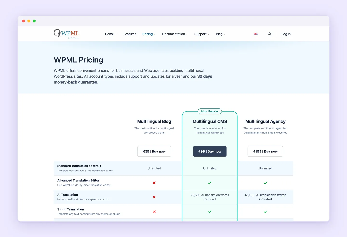WPML pricing page comparing Multilingual Blog, Multilingual CMS and Multilingual Agency, including the AI translation words each plan includes.